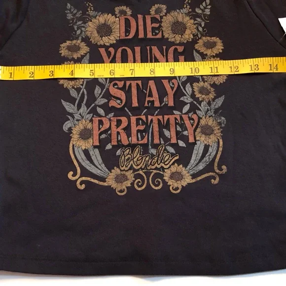 Vinyl Icons  NWOT JR (S & M) black cropped tee - DIE YOUNG STAY PRETTY - Picture 5 of 9